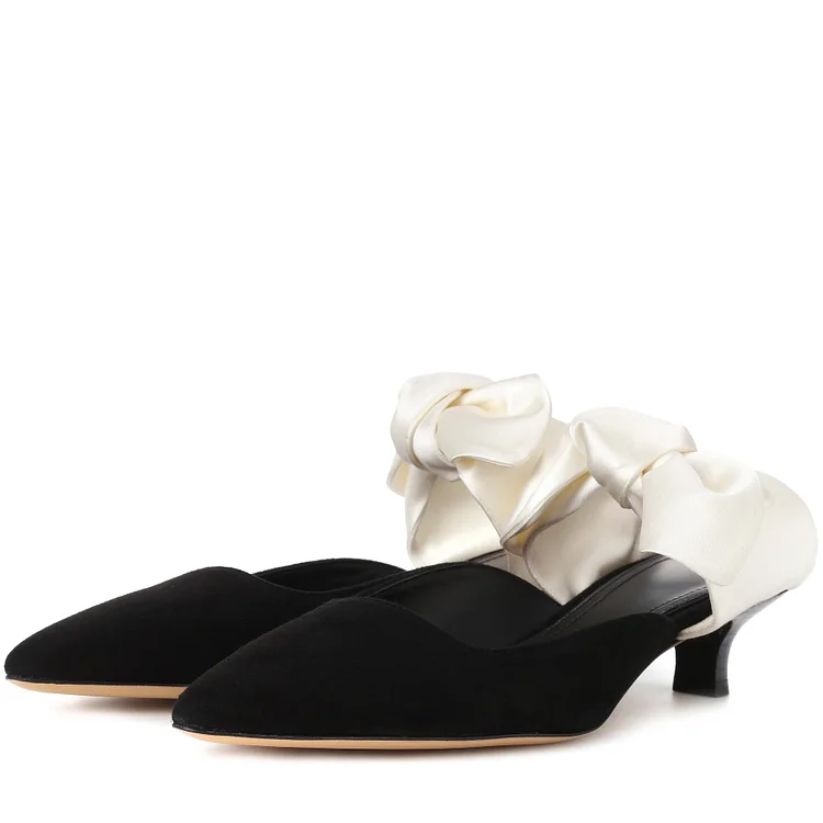 Black and White Knotted Pointed Toe Low Heel Mules for Women |FSJ Shoes