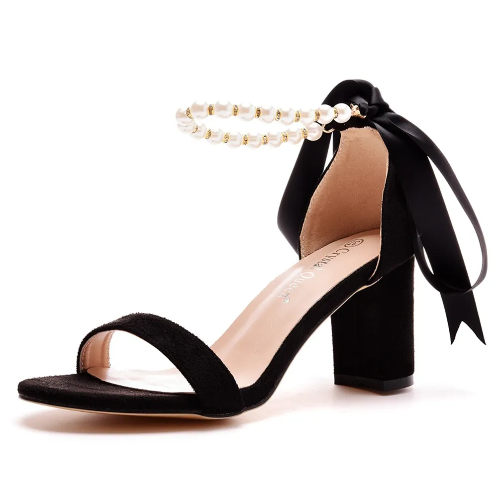 Breakj Breakj Cm Thick Heel Shallow Mouth With Velvet Sandals Round Head Square Sandals Beads Drifting Summer Sandals Woman