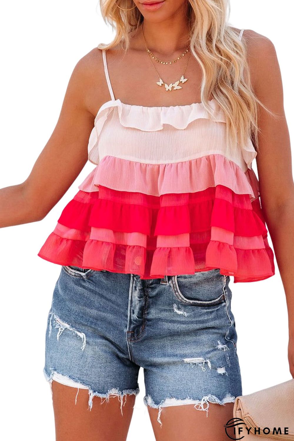 Red Gradient Ruffle Tiered Spaghetti Straps Tank Top | IFYHOME
