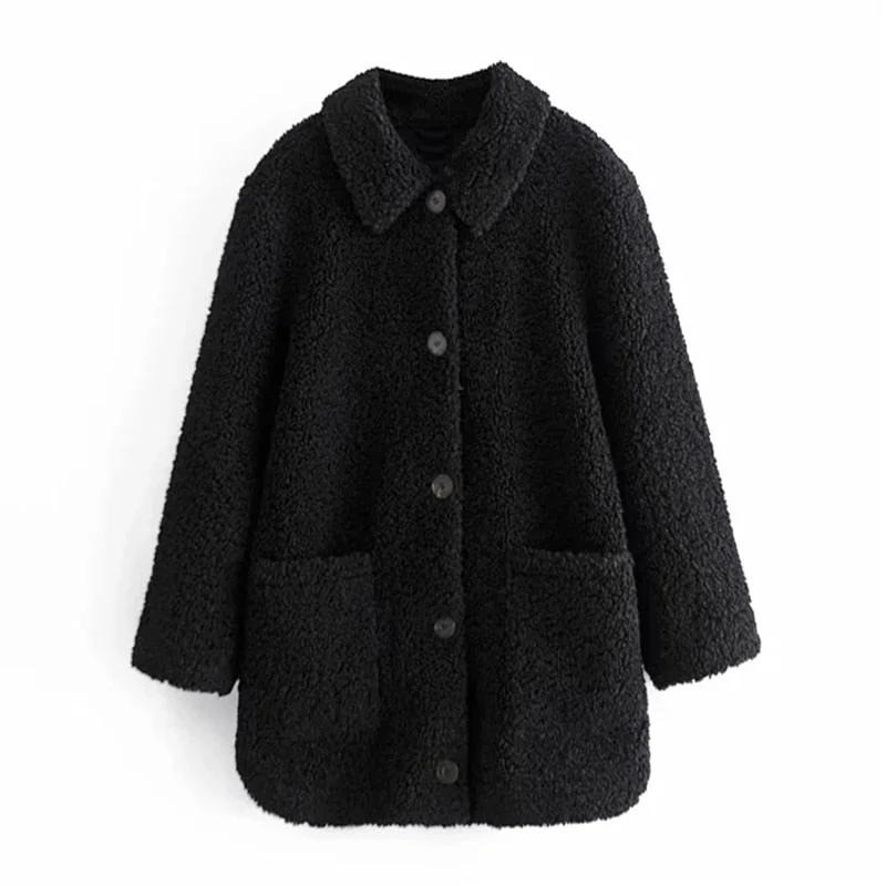 Aachoae 2021 Autumn Spring Casual Solid Lamb Fur Coat Women Long Sleeve Lady Fashion Pocket Jacket Turn Down Collar Teddy Coat
