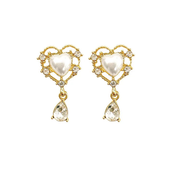 Pendientes elegantes de corazón de perla con colgantes de zirconios aretes