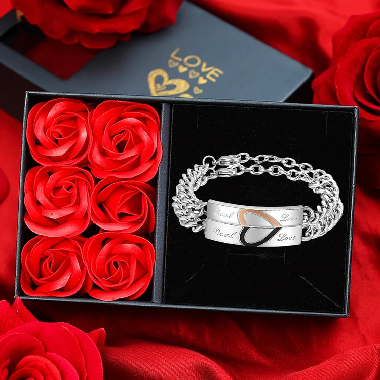 Personalized Text Couple Bracelets Set with Rose Box for Women Men Jewelry Matching Set