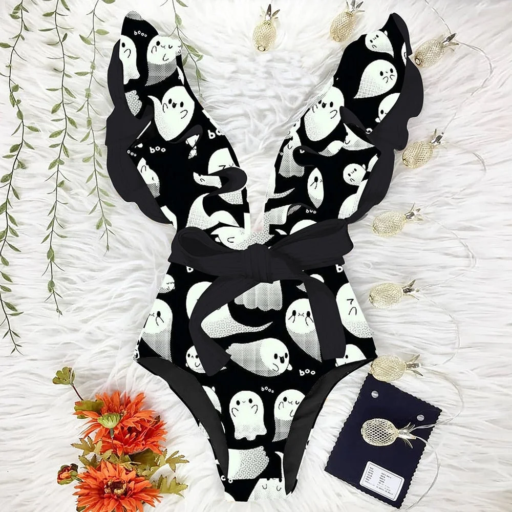 2022 New Sexy Ruffle Print Floral One Piece Strappy Slimming Swimwear Women Swimsuit Deep-V Bathing Suit Beach Wear Monkini