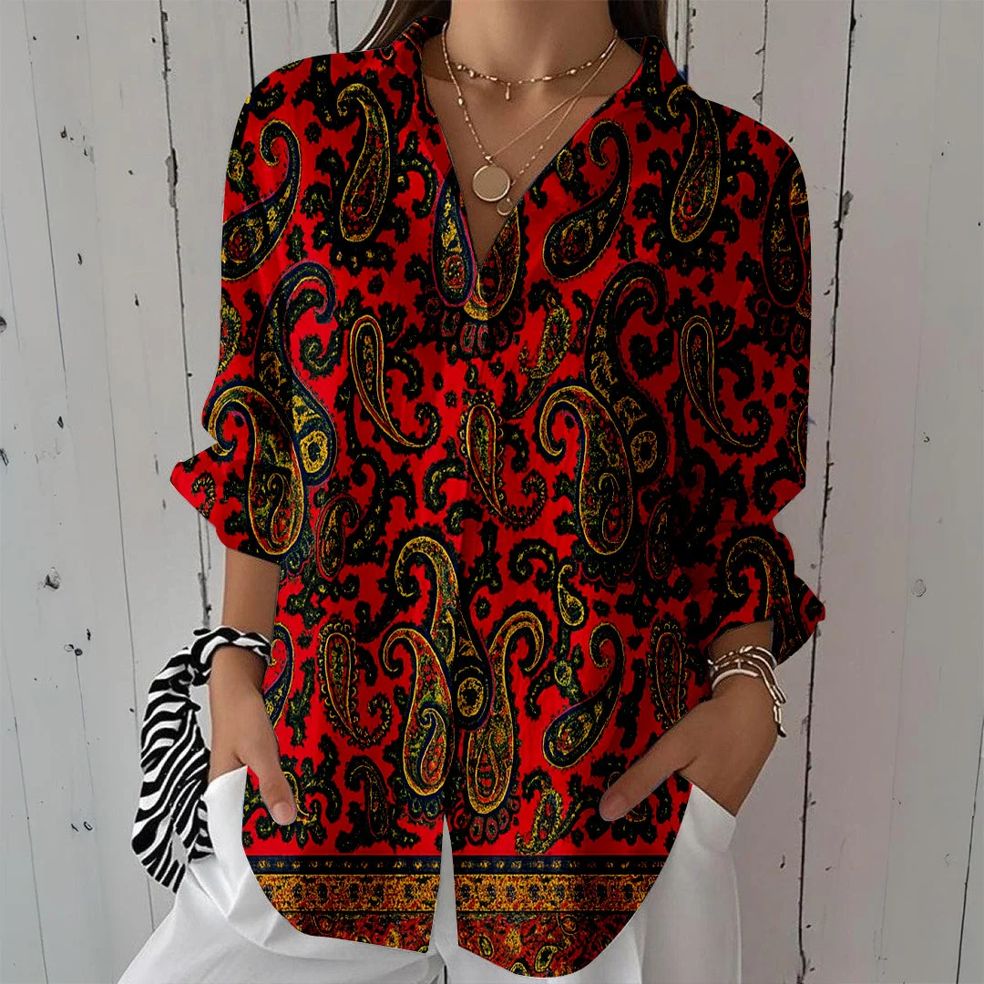 Style & Comfort for Mature Women Women Ethnic, Red, Floral DZCL0493 3/4 Sleeve Shirt Collar Printed Button Tops