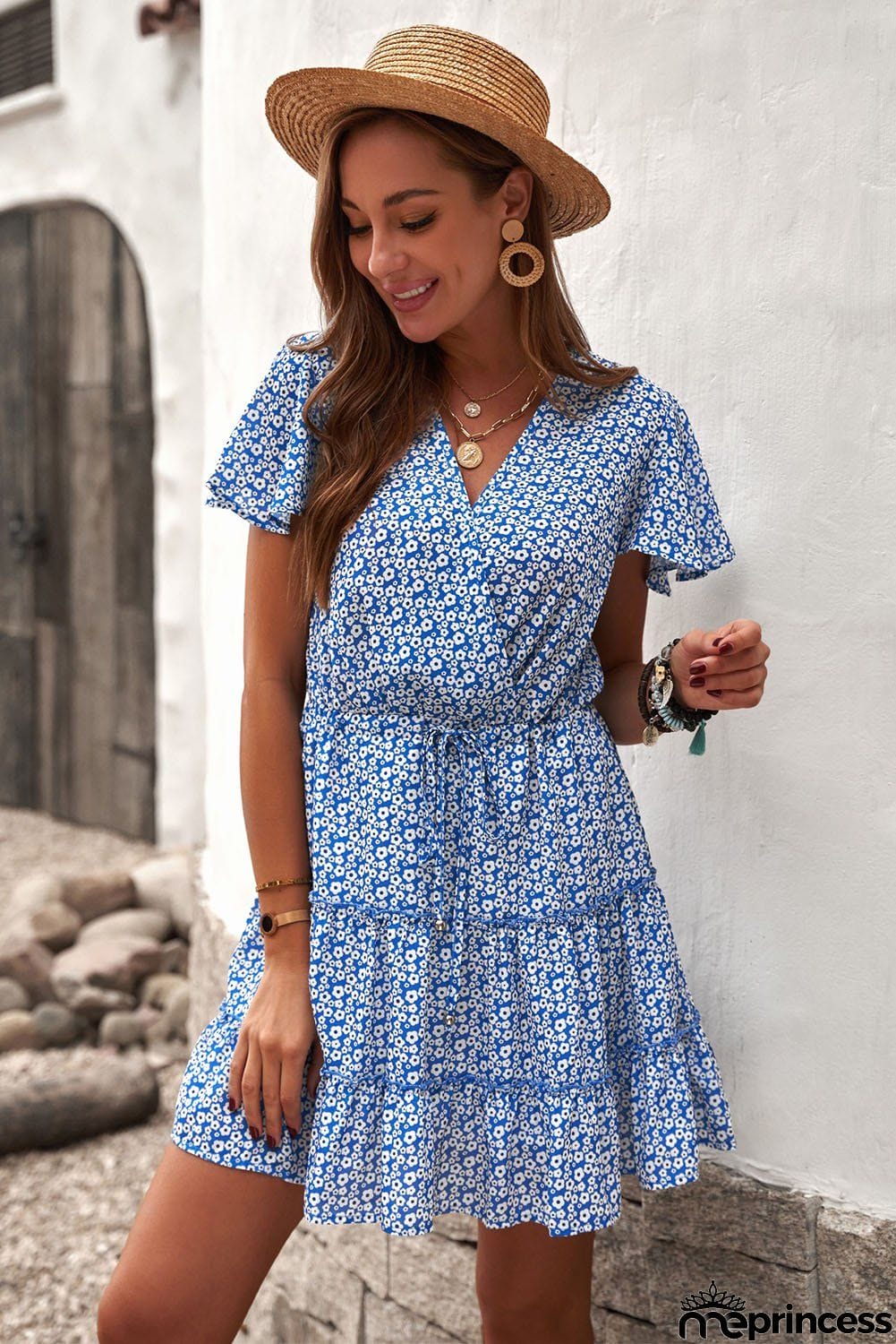 Cute Blue V Neck Short Sleeve Layered Ruffled Floral Dress