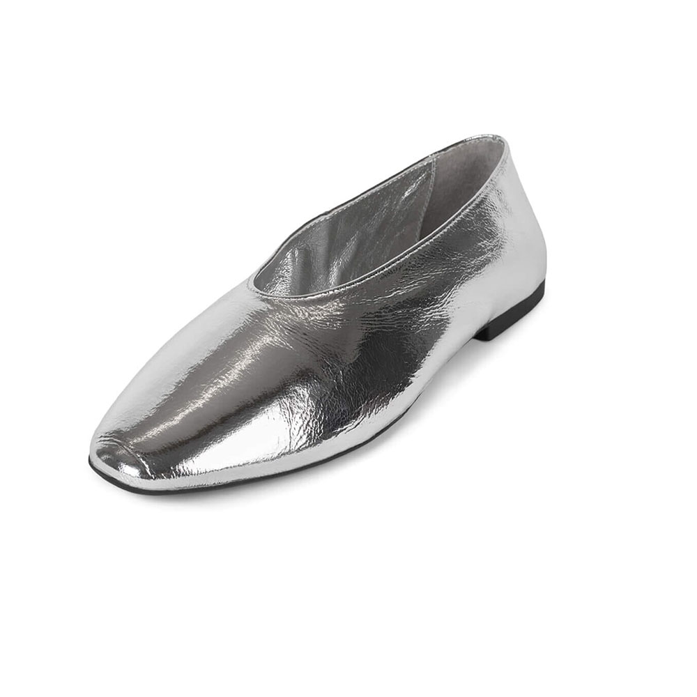 Silver Vegan Leather Round Toe Flat Metallic Slip-On Ballerina Shoes Nicepairs