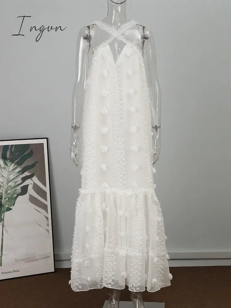 Ingvn - Sleeveless Halter Maxi Summer Dress For Women Fashion Ruffle Beach Long Robe Elegant Slip