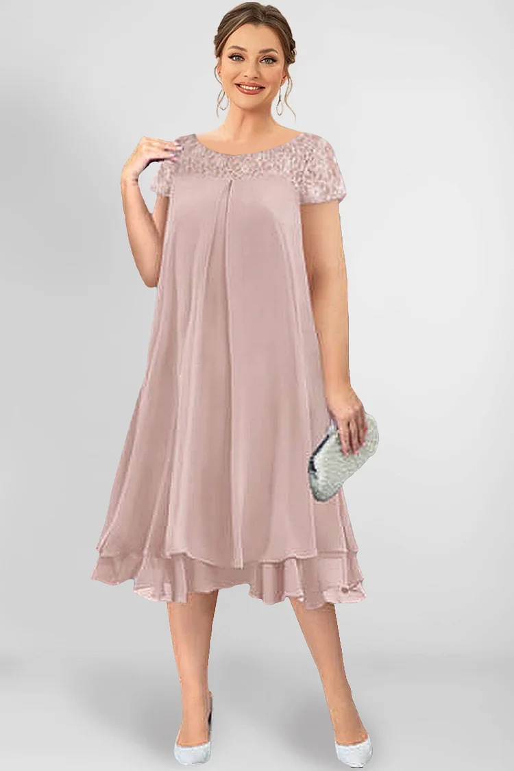 Flycurvy Plus Size Casual Pink Lace Stitching Layered Hem Short Sleeve Royal Blue Midi Dress  Flycurvy [product_label]