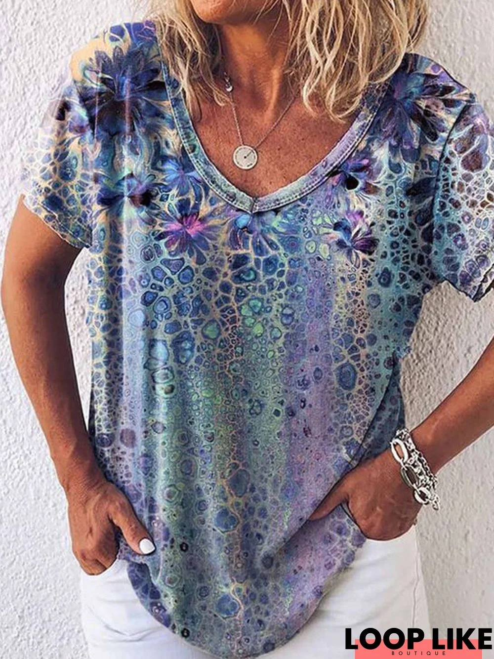 Casual Geometric Abstract Floral Printed Loosen Short Sleeve Tunic T-Shirt