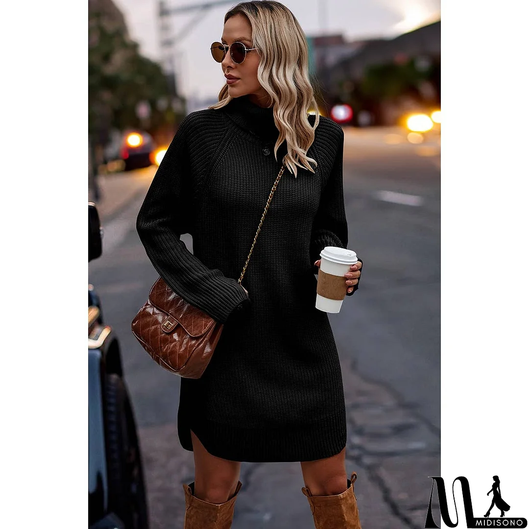 MidiSono - Thick Knit Roll Neck Solid Loose Fit Sweater Dress