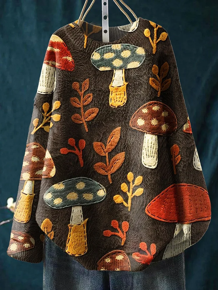 Vintage Mushroom Flower Seamless Pattern Print Knit Pullover Sweater