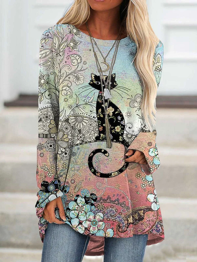 Women's Black Cat Floral Print Long Sleeve T-Shirt
