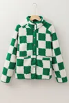 Women's Thick Green Contrasting Colors Snap Button Plaid Sherpa Jacket