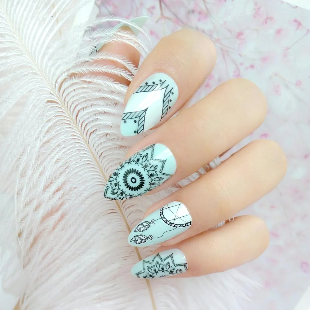 Dream Catcher Short Stiletto False Nails With Design Press On Artificial Fake Nails Tips DIY Full Cover Manicure Tool-Nail Inspo