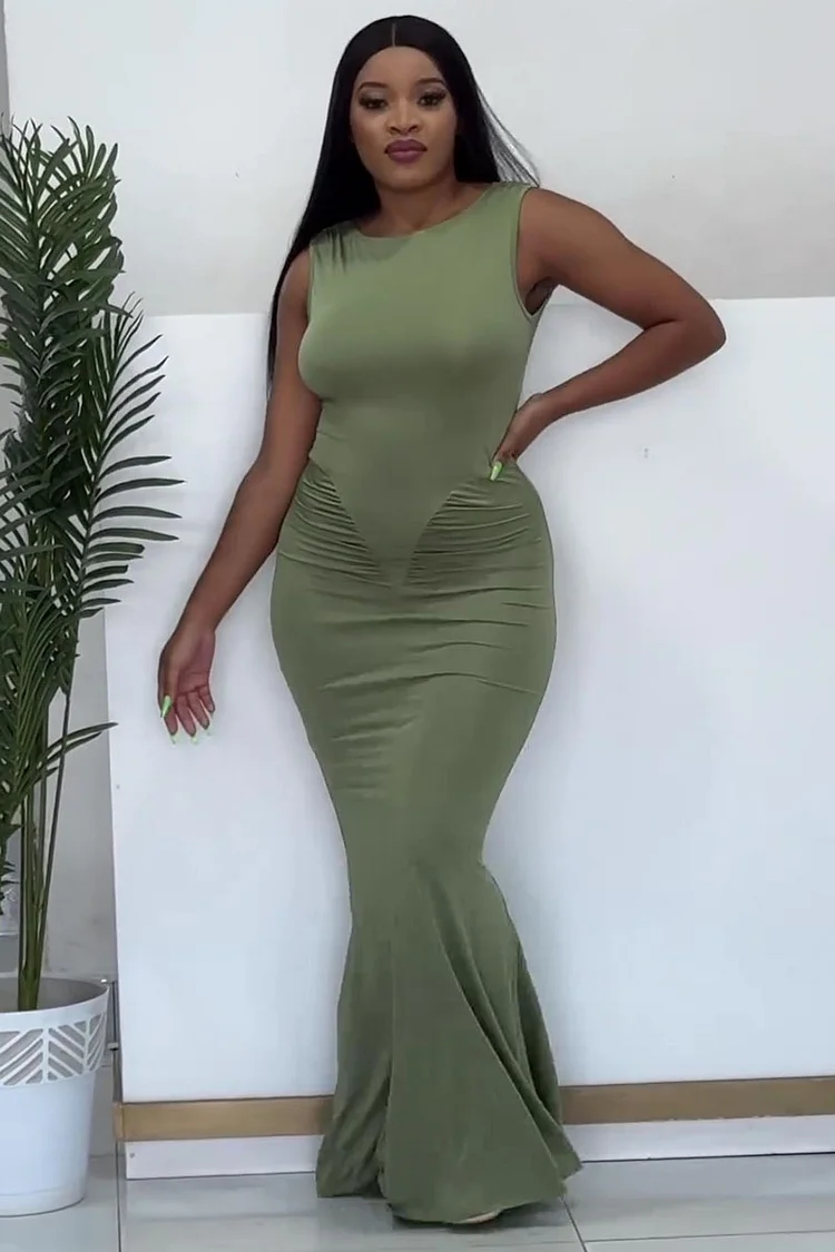 Sleeveless Wrinkle Quilted Party Maxi Fishtail Dresses-Green [Pre Order]