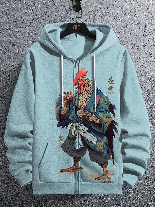 Men's Japanese Rooster Samurai Print Hooded Zip Up Jacket
