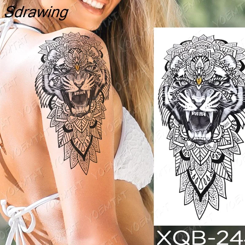 Sdrawing Temporary Tattoo Sticker Rose Snake Flower Tattoos Lace Tiger Dragon Body Art Arm Fake Sleeve Tatoo Women