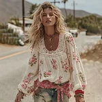 Women's Bohemian Style Vacation Romantic Rose Round Neck Comfortable Linen Top - Image 2