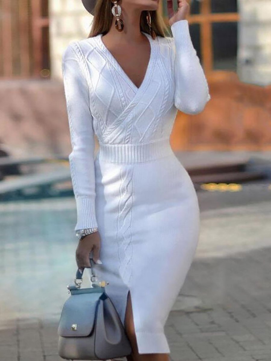  thdmladies Pure Color V-neck Casual Sweater Dress thedmladies
