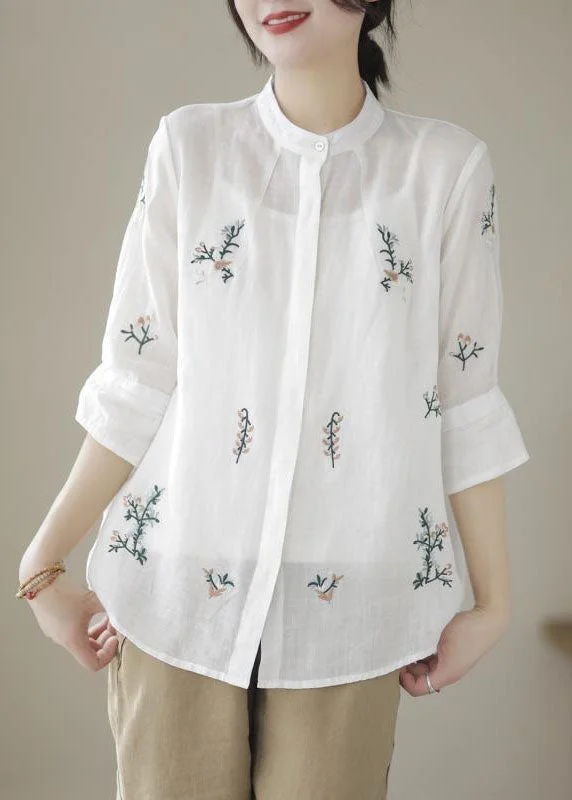 White Patchwork Linen Blouses Embroideried Stand Collar Summer