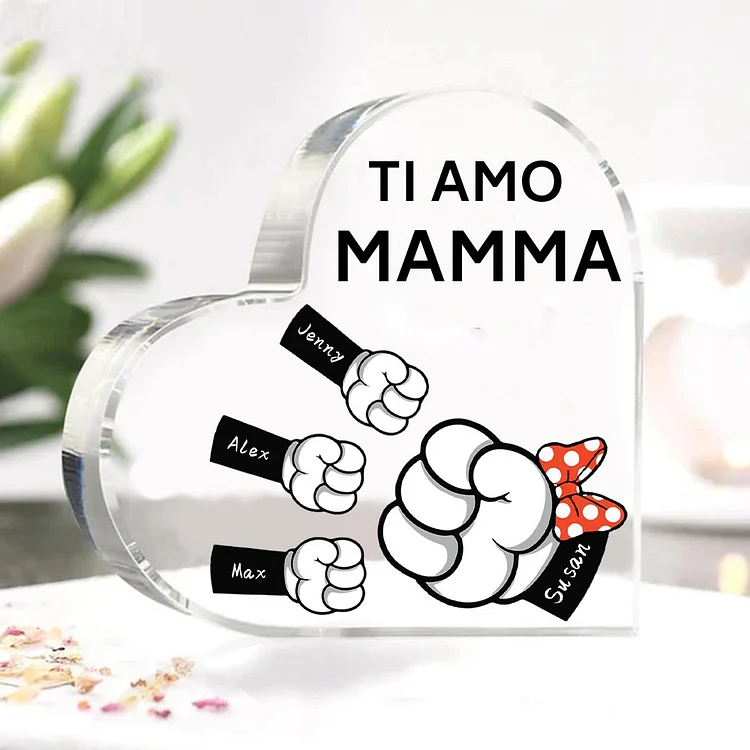 MAMMA Decorazione acrilica pugno a pugno a forma di cuore 4 nomi e 1 testo personalizzati per mamma/nonna
