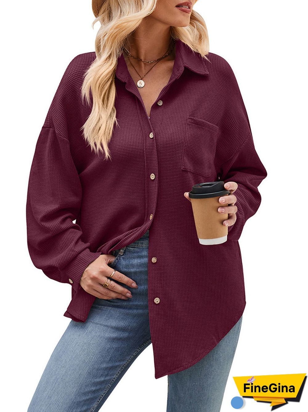 Women's Pockets Buttons Solid Color Long Sleeve V-neck Top
