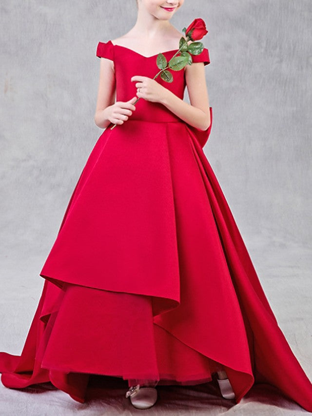 Oknass Ball Gown Short Sleeve Off Shoulder Flower Girl Dresses  Polyester With Bow