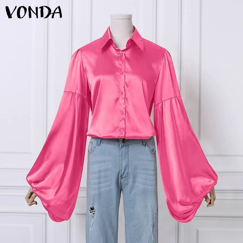 VONDA 2022 Ladies Office Blouse Elegant Puff Sleeve Blouse Spring Autumn Tops Blusas Femininas Casual Lapel Collar Shirts Femme