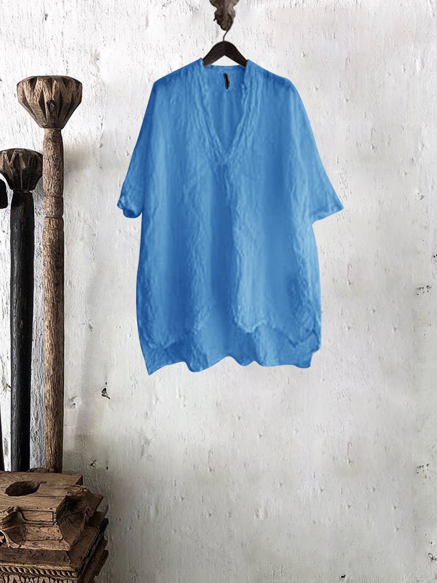 Womens Solid Color V-neck Casual Linen Tee