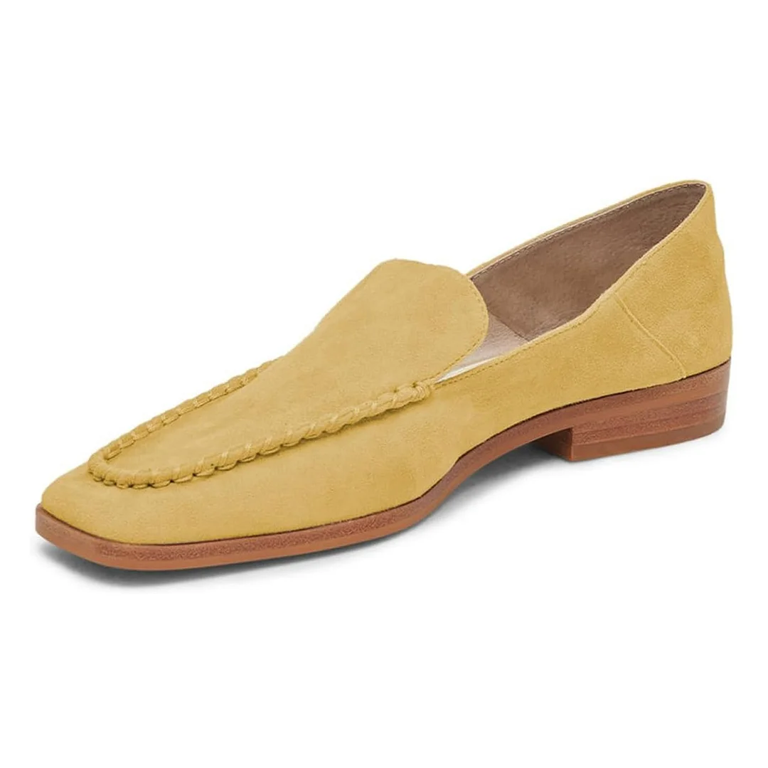 Yellow Vegan Suede Closed Square Toe Flat Comfy Loafer Shoes Women