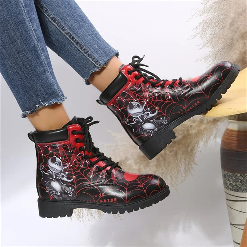 Women‘s Retro Round Toed Cobweb Print Lace Up Ankle Boots