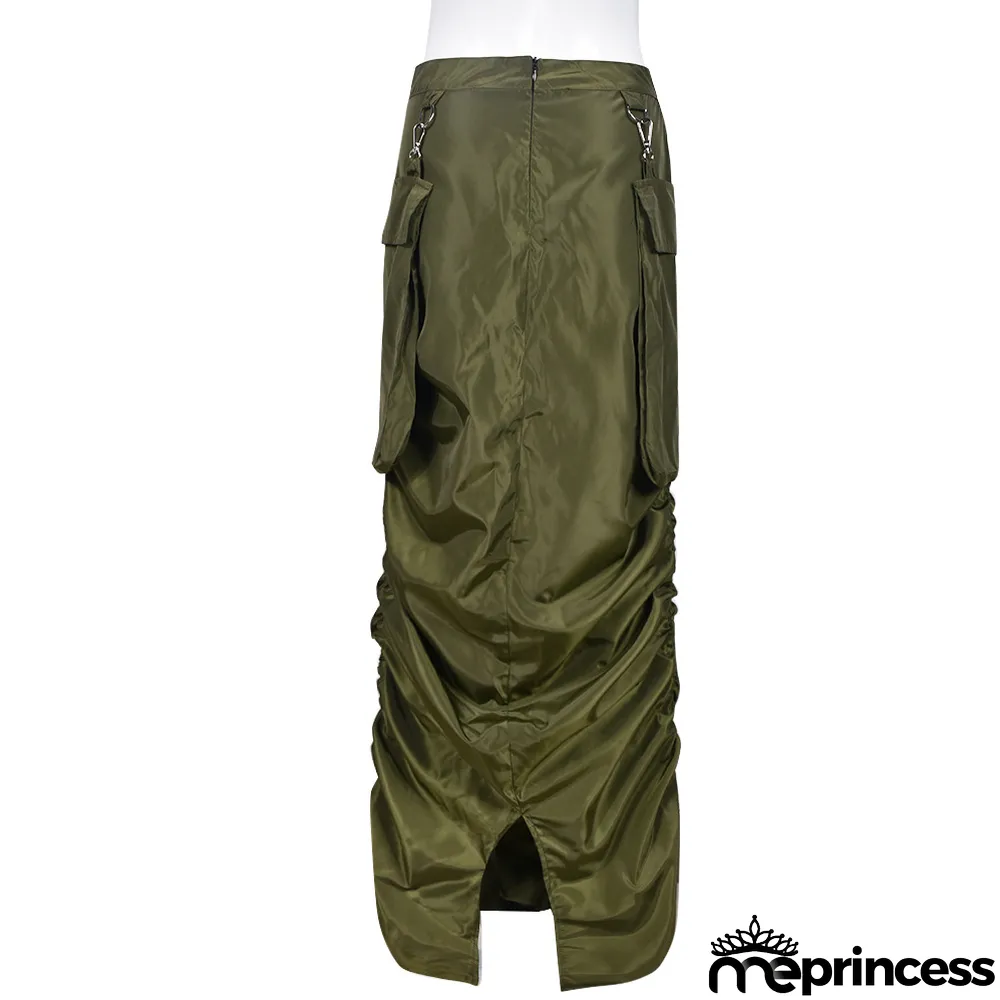 Spring Street Style Women's Pleated Pocket Slit Skirt