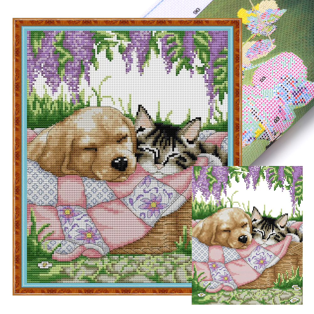 Sleeping Cat And Dog Partial 14CT Pre-stamped Canvas(28*33cm) Cross Stitch(backstitch)
