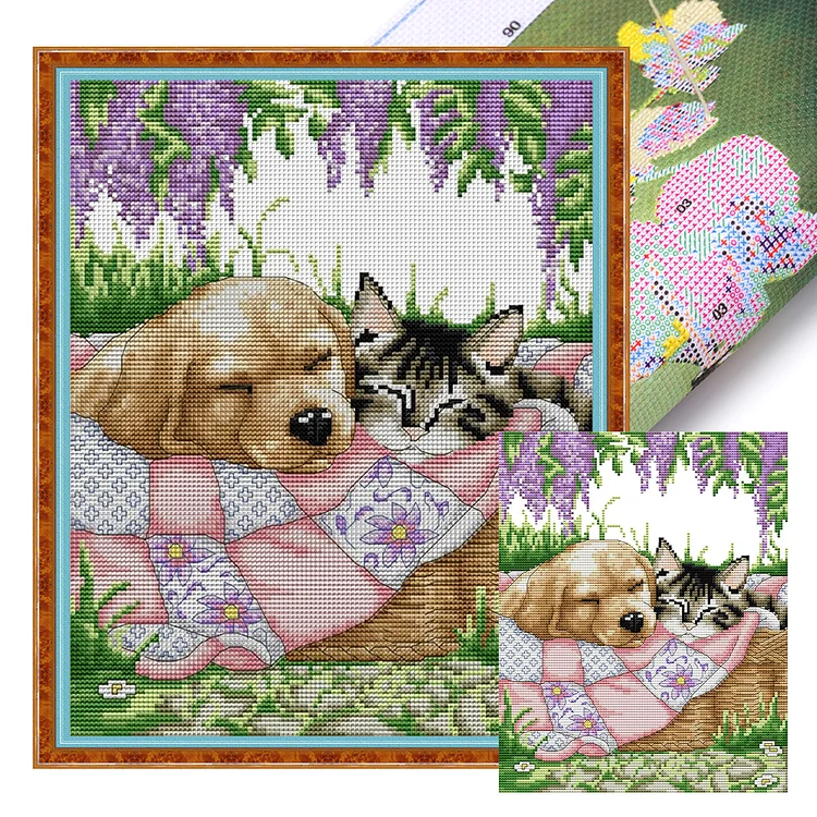 Joy Sunday Sleeping Cat And Dog - Printed Cross Stitch 14CT 28*33CM