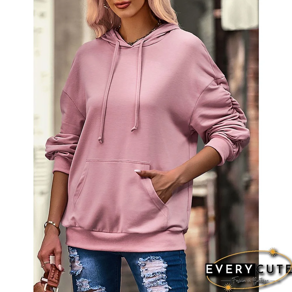 Pink Pleated Sleeve Drop Shoulder Kangroo Hoodie