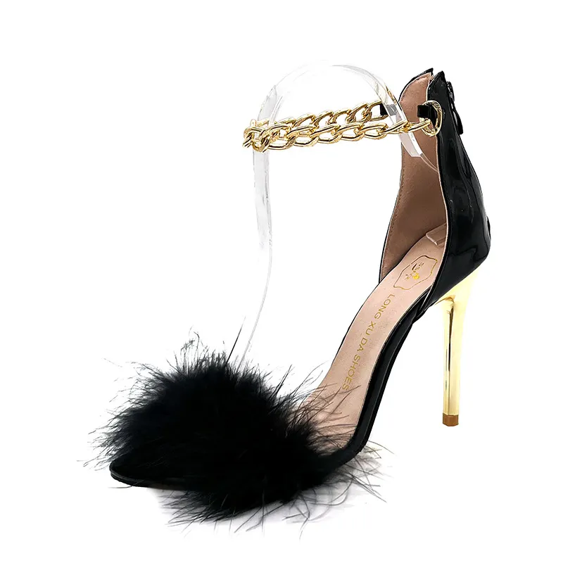 Breakj Breakj New Summer Temperament High Heels Women Metal Chain Decoration With Fine Heel Fashion Fur Sandals