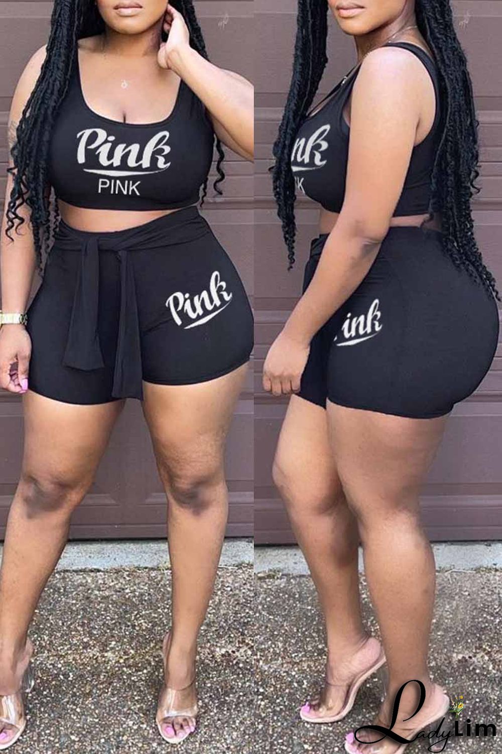 Light Purple Fashion Casual Letter Print Bandage U Neck Sleeveless Two Pieces