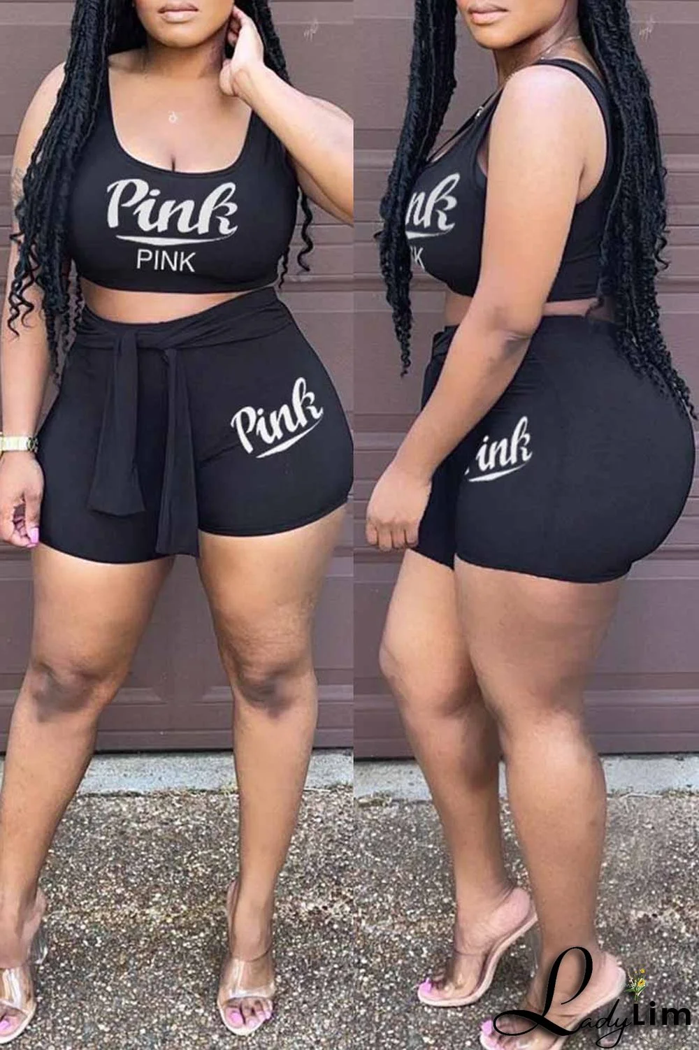 Light Purple Fashion Casual Letter Print Bandage U Neck Sleeveless Two Pieces