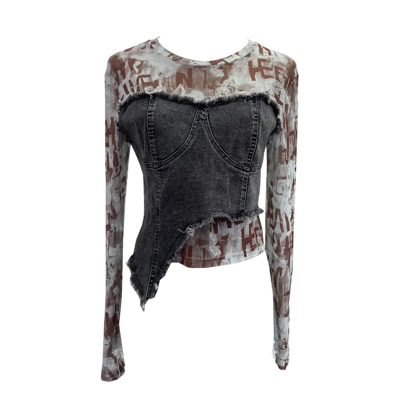 Uveng Solid Shooting Tie-Dye Print Spliced Denim T-Shirt Girl Autumn Design Sense Irregular Hair Side Short-Sleeved Top 2617