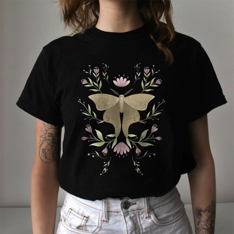 Moth And Floral Patterns Printed Women's Casual T-shirt - Neojana