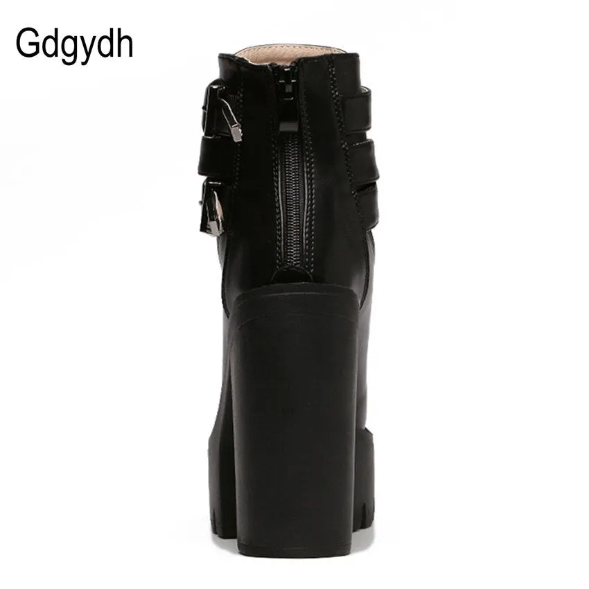 Gdgydh Spring Autumn Fashion Women Boots High Heels Platform Buckle Lace Up Leather Short Booties Black Ladies Shoes Promotion