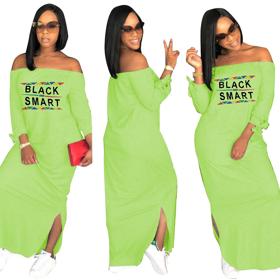 Fashion Sexy Slash Neck Ladies Solid Color Letter Printing Long Dress Home Casual Street Loose Large Size Dress