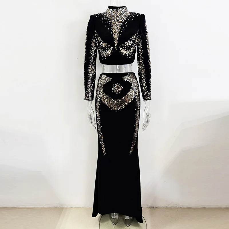 Nigikala Nigikala New Star Fashion Heavy Industry Embroidered Squin Blouse Fish Tail Half Skirt Set Two Sets