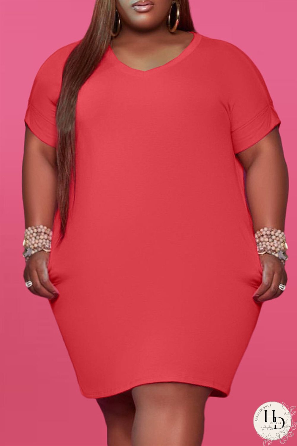 Red Fashion Casual Plus Size Solid Basic V Neck Short Sleeve Dress