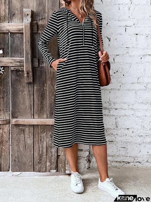 Long Sleeves Loose Drawstring Striped Zipper Hooded Midi Dresses