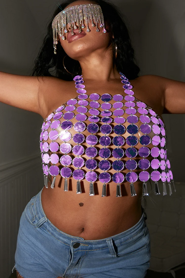 Daily Halter Patchwork See-Through Acrylic Tank Top - Purple
