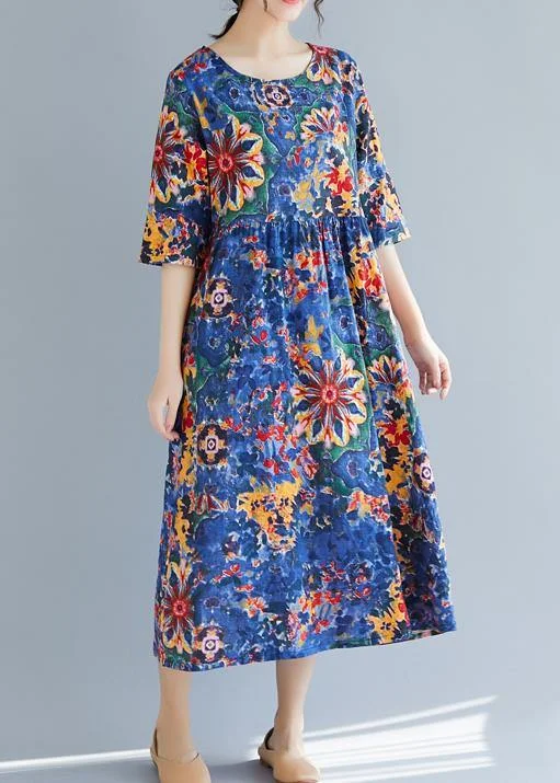 French blue print cotton clothes Women 18th Century Inspiration o neck Half sleeve Maxi Summer Dress