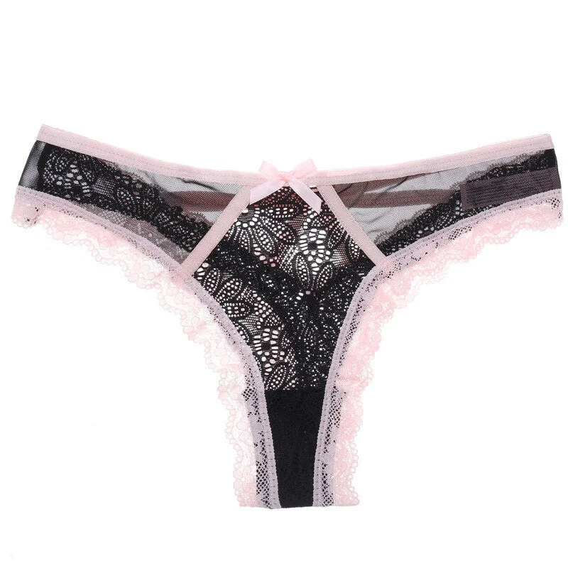 European Luxury Lace Sexy Women Underwear Transparent Bow Hollow Out Panties Sex Thong Low Waist Seamless Briefs Tanga