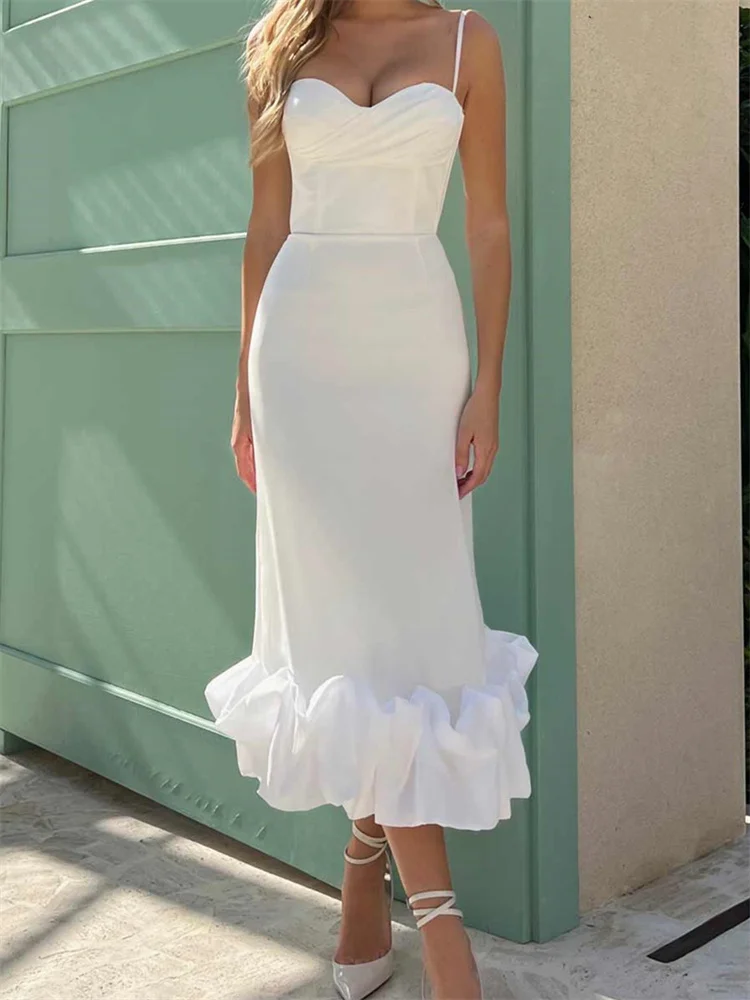 Elegant Women Cocktail Dress Sleeveless Strap Low Cut V-neck Party Dress  Slim Summer Ruched Ruffles Hem Vestidos
