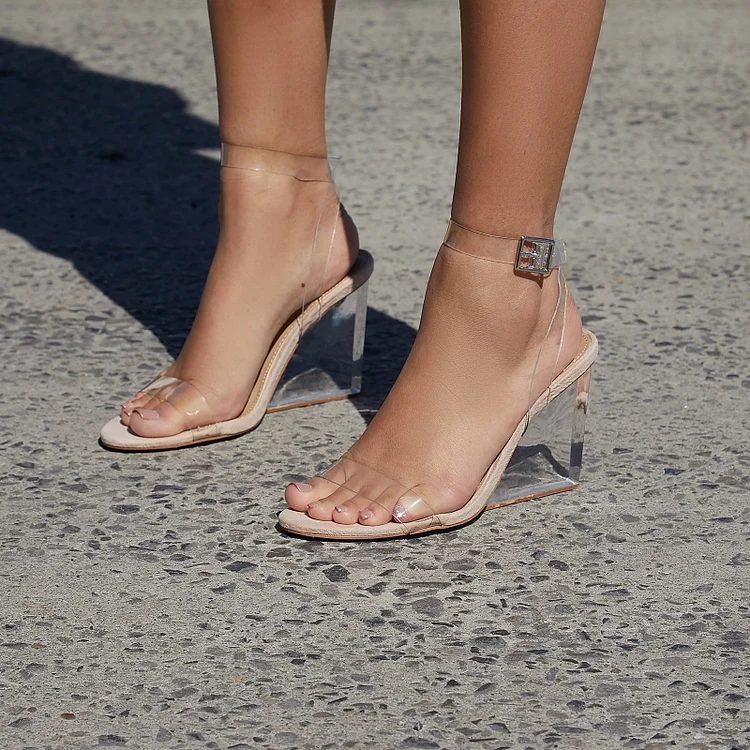 Khaki transparent Sandals Ankle Strap Wedge Heel Jelly Sandals |FSJ Shoes